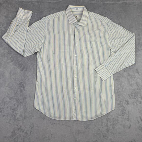 Peter Millar Dress Shirt Mens XL White Yellow Blue Striped Long Sleeve Button Up - Picture 2 of 10